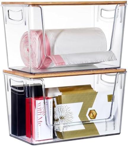 2 PACK Trash Bag Dispenser, Extra Large Garbage Bags Holder for Pantry Organizers and Storage, Stackable Trash Bag Holder with Bamboo Top for Under Sink Organizer