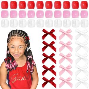 2 x Valentines Day Large Hair Beads 45PCS Bow Hair Clips Acrylic Beads for Braids Satin Small Hair Bows Cute Loc Hair Accessories for Women Girls