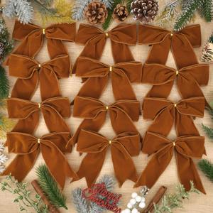 12 Pcs Christmas Velvet Bows 6 Inch Rustic Wreath Gift Bows Vintage Xmas Ribbon Bows Holiday Ornaments for Christmas Tree Wreath DIY Xmas Crafts Home Decorations (Khaki)