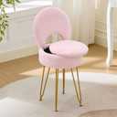 Faux Fur Pink Small Vanity Chair & Stool - 13" Dx13 W Folding Back Storage Ottoman, Anti-Slip Golden V-Leg for Bedroom Makeup Room