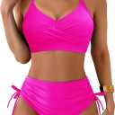 Fanuerg Women's High Waisted Bikini Sets Drawstring Tummy Control Two Piece Swimsuits Crisscross Tie Back Bathing Suit (X-Large, Hot Pink)