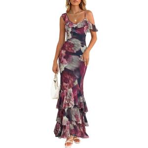 2 x Wenrine Womens Summer Floral Maxi Dress Mesh Spaghetti Strap One Shoulder Casual Ruffle Mermaid Bodycon Party Dresses (Purple, M)