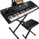 61 Key Portable Electronic Keyboard Piano w/Lighted Full Size Keys, LCD, Headphones, X-Stand, Stool, Music Rest, Microphone, Note Stickers, Built-In Speakers,3 Teaching Modes
