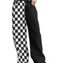 SANGTREE Womens Wide Leg Jeans Elastic Waist Denim Pants Baggy Jeans for Womens Color Block L (Black, L)
