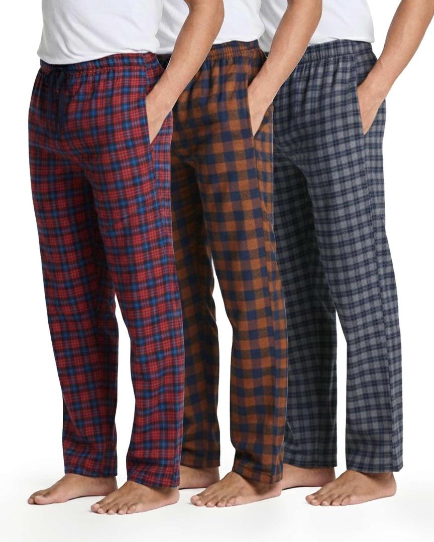 Real Essentials 3 Pack: Men's Flannel & Cotton Pajama Pants - Lounge Sleep PJ Plaid Bottoms w/Pockets (X-Large)