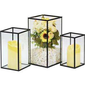 Hurricane Candle Holder 3 PCS, Black Glass Candle Holder Square Hurricane Candle Centerpieces for Tables Decorative, Wedding, Party