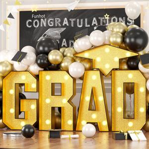 FunHot Marquee Light Up Letters, 3.4 FT Large Grad Light Up Letters, Gold Grad Marquee Letter with Lights Mosaic Frame Letter Pre-Cut Cardboard Hat for Anniversary Graduation Decorations Class of 2025