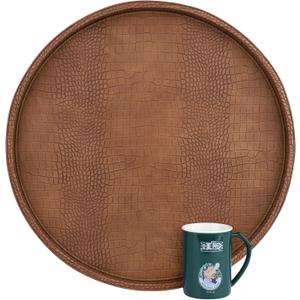 HofferRuffer Round Serving Tray 20'', Elegant Faux Leather Circle Ottoman Table Tray, Serve Tea Coffee Breakfast in Bedroom Living Room Kitchen (Brown)