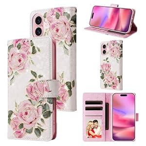 UEEBAI Wallet Case for iPhone 16 Plus, PU Leather Phone Cover Kickstand RFID Blocking Flip Case Card Slots Wrist Strap Relief Engraved Pattern Magnetic Closure Flower Folio Wallet, White Rose