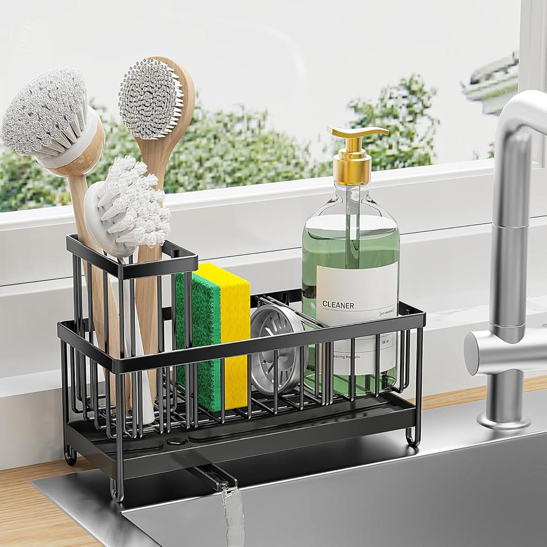 Cisily Sponge Holder for Kitchen Sink, Sink Caddy Organizer with High Brush Holder, Kitchen Countertop Organizers and Storage Essentials, Rustproof 304 Stainless Steel (Black, 9.25)