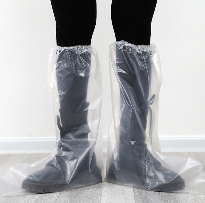 10 Pairs Disposable Shoe Covers & Boot Covers  Waterproof, Non-Slip, Thickened Plastic Overshoes for Men & Women, 19" Tall Rain Boot Protectors for Indoor/Outdoor Use (Clear, One Size Fits All)