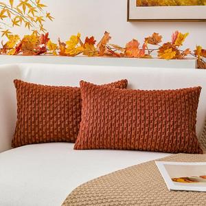 Kevin Textile Decorative Pillow Covers Set of 2 Striped Plush Corduroy Rectangle Lumbars Boho Home Decor Cushion Covers for Couch Sofa Bed Living Room 12x20 Inch, Brown
