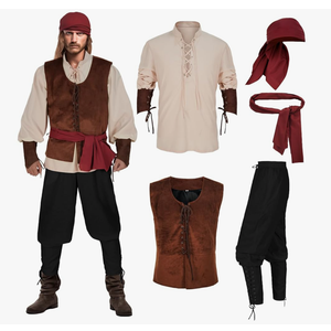 Men's Pirate Costume 5 Pcs Medieval Renaissance Outfits Halloween Viking Set, SIZE XL