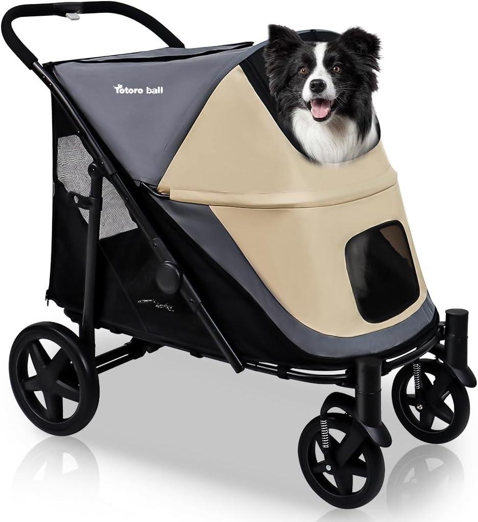 One-Click Folding Dog Stroller for 2 Dogs - 4 Wheel Jogger with Storage Pocket - Suitable for Pets Up to 110LBS (Beige & Grey) (Beige&Grey)