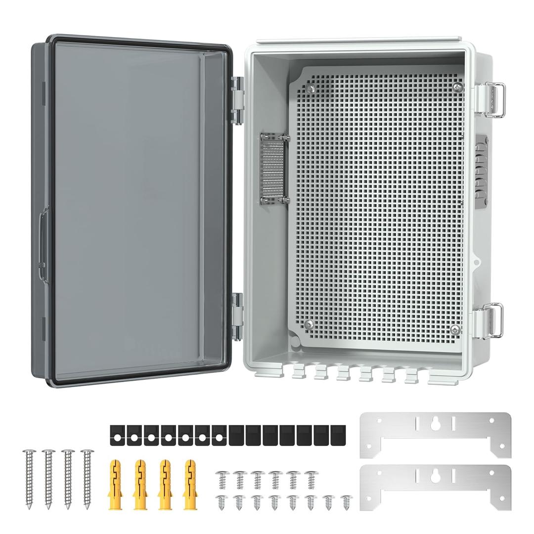 Joinfworld Outdoor Electrical Box, Waterproof Electrical Box WiFi Enclosure 11.8x6.7x5.6 Vented Electric Box Plastic Clear with Mounting Panel Cable Grommet Stainless Steel Dust Screen
