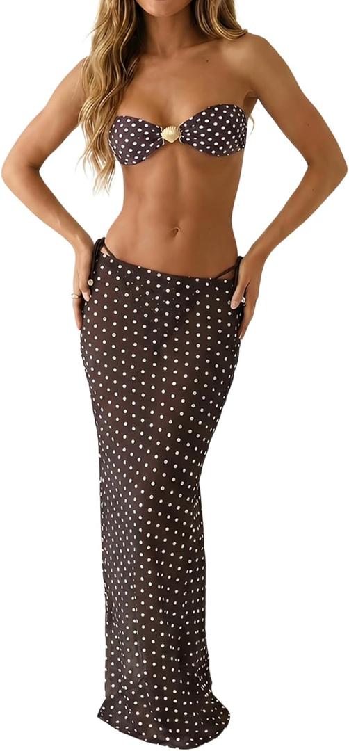 MakeMeChic Women's 3 Piece Zebra Cheetah Bikini Sets Polka Dots Strapless Bathing Suit with Swimsuit Coverup (Brown, S)