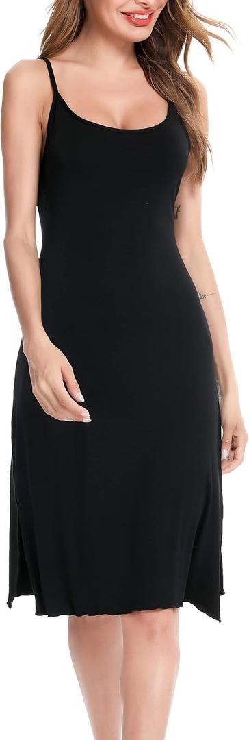 Vlazom Women Full Slips Sexy Soft Slip Dress for Under Dress Spaghetti Strap Cami Slip Chemises V Neck Negligee S-XXL (Large, B-black)
