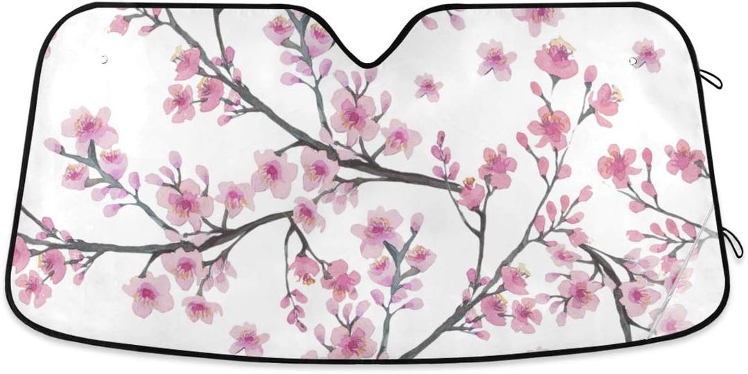 Pink Cherry Blossom Car Windshield Sun Shade Block UV Rays Sun Visor Protector Accordion Folding Sunshade Keep Vehicle Cool and Damage Free, Easy to Use, Fits Windshields of Various Sizes