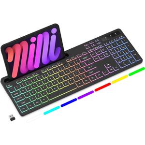 Soueto Wireless Keyboard with 7-Color RGB Backlit, Full-Size Computer Keyboard with Phone Tablet Holder, 2.4G Rechargeable Gaming Keyboard with Light Up Keys, Compatible with Mac, Windows (Black)