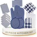 LANE LINEN Flour Sack Dish Towels Set - 20 Pc Kitchen Towel Set with Pot Holders and Oven Mitts,100% Cotton Kitchen Towels, Absorbent Dish Towels: Indigo