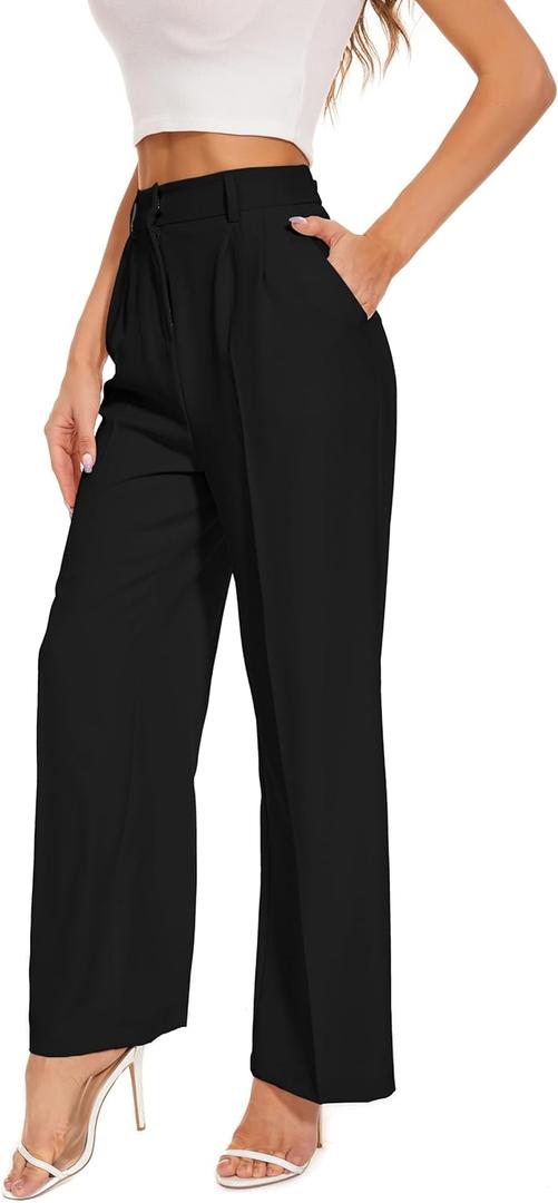 FUNYYZO Wide Leg Pants Women's High Elastic Waisted in The Back Business Work Trousers Long Straight Suit Pants (Black, L)