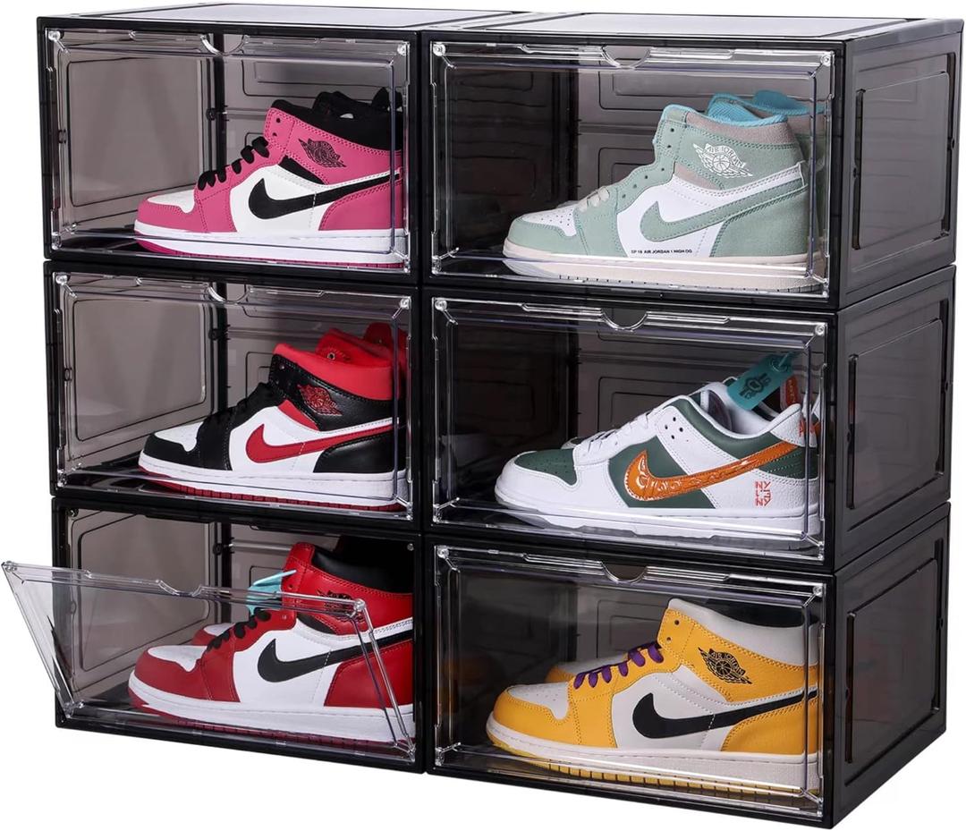 ZLLZUU Upgraded Shoe Organizer Shoe Storage Boxes, 6 Pack Large Side Open Shoe Boxes with Magnetic Door, Clear Plastic Stackable Shoe Containers Black