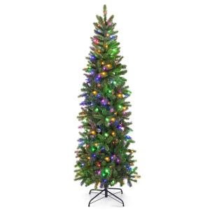 Goplus 6ft Pre-Lit Pencil Christmas Tree, Hinged Artificial Slim Tree with 648 PVC PE Branch Tips, 270 LED Lights, Life-Like Xmas Tree for Indoor Home Office Decor, Easy Setup