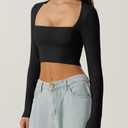 QINSEN Women's Sexy Square Neck Crop Top Long Sleeve Slim Fit Cropped T Shirts (Black, S)