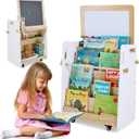 Bookshelf & Easel & Toy Storage Organizer for Kids with Wheels, 3-in-1 Wooden Art Easels with Chalkboard & Whiteboard for Toddlers, Kid Book Shelf Bookshelves for Toddler Room & Nursery