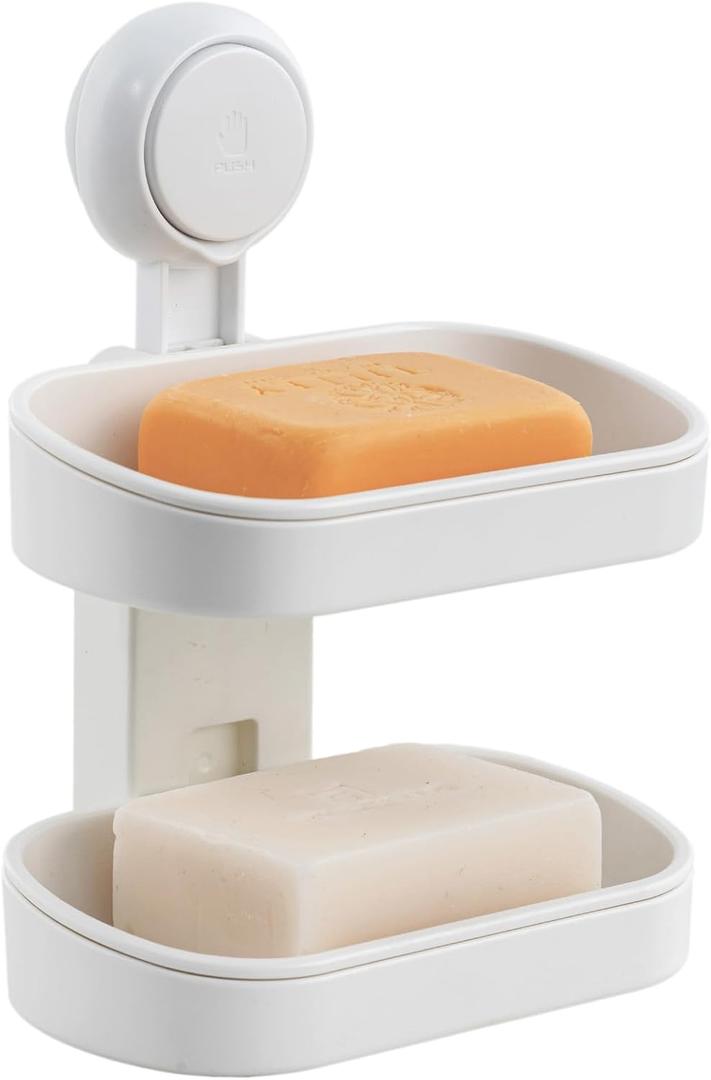 LEVERLOC Soap Dish Holder for Shower Double Layer Suction Cup Wall Mounted NO-Drilling Self Draining Removable Waterproof Strong Suction Bar Soap Sponge Holder for Shower Bathroom Bathtub Kitchen