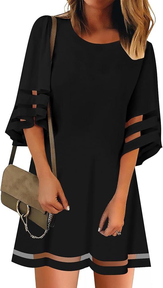 Women Summer Tunic Dresses Casual 3/4 Bell Sleeve Crewneck Mesh Panel Loose Shift Dress