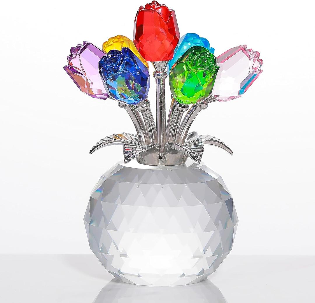 Colorful Rose Flower Crystal Figurine with Vase, Bouquet Flowers Ornament Gifts for Wife Girlfriend Women, Handmade Crystal Flower Collectible Home Table Decor ​for Valentine's Day Wedding Anniversary