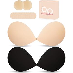 FZGO Sticky Bra Push Up Strapless Adhesive Bra Invisible Backless Reusable Cleavage Bras for Women with Silicone Nipple Covers Pasties Nude, Size: A