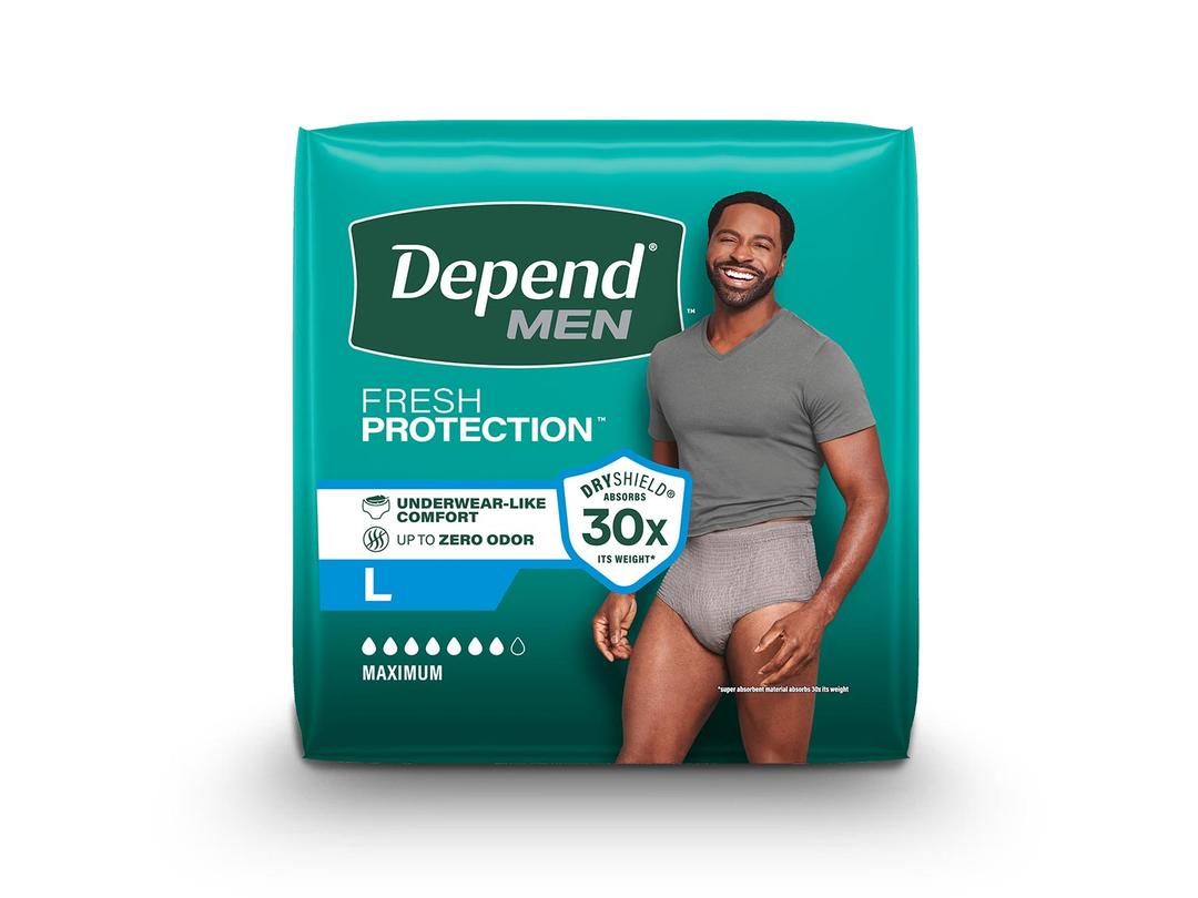 Depend Fresh Protection Adult Diapers, Incontinence Underwear for Men, Disposable, Maximum, Large, Grey,  36 Count