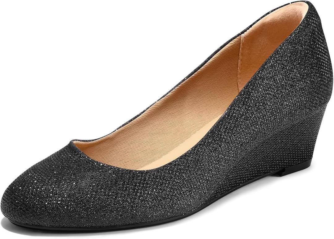 mysoft Women's Wedge Pumps Low Heel Closed Toe 2in Dress Shoes (8, Black Glitter)