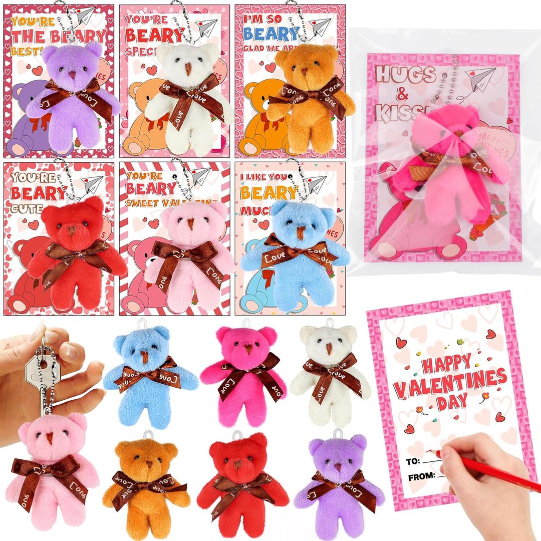 28 Pack Valentines Day Gifts for Kids Classroom Mini Plush Bear Keychain Toys with Valentine Day Cards for Kids School, Valentines for Class Exchange Cards Gifts Party Favors Prizes for Boys Girls