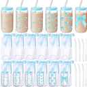 Skylety 6 Sets Blue Bow Aesthetic Cup Coquette Glass Iced Coffee Cups with Lids and Straws Clear Gift Bag 16 oz Reusable Beer Tumbler Gifts for Tea Cocktail Women Party Supplies(Plastic Lid)