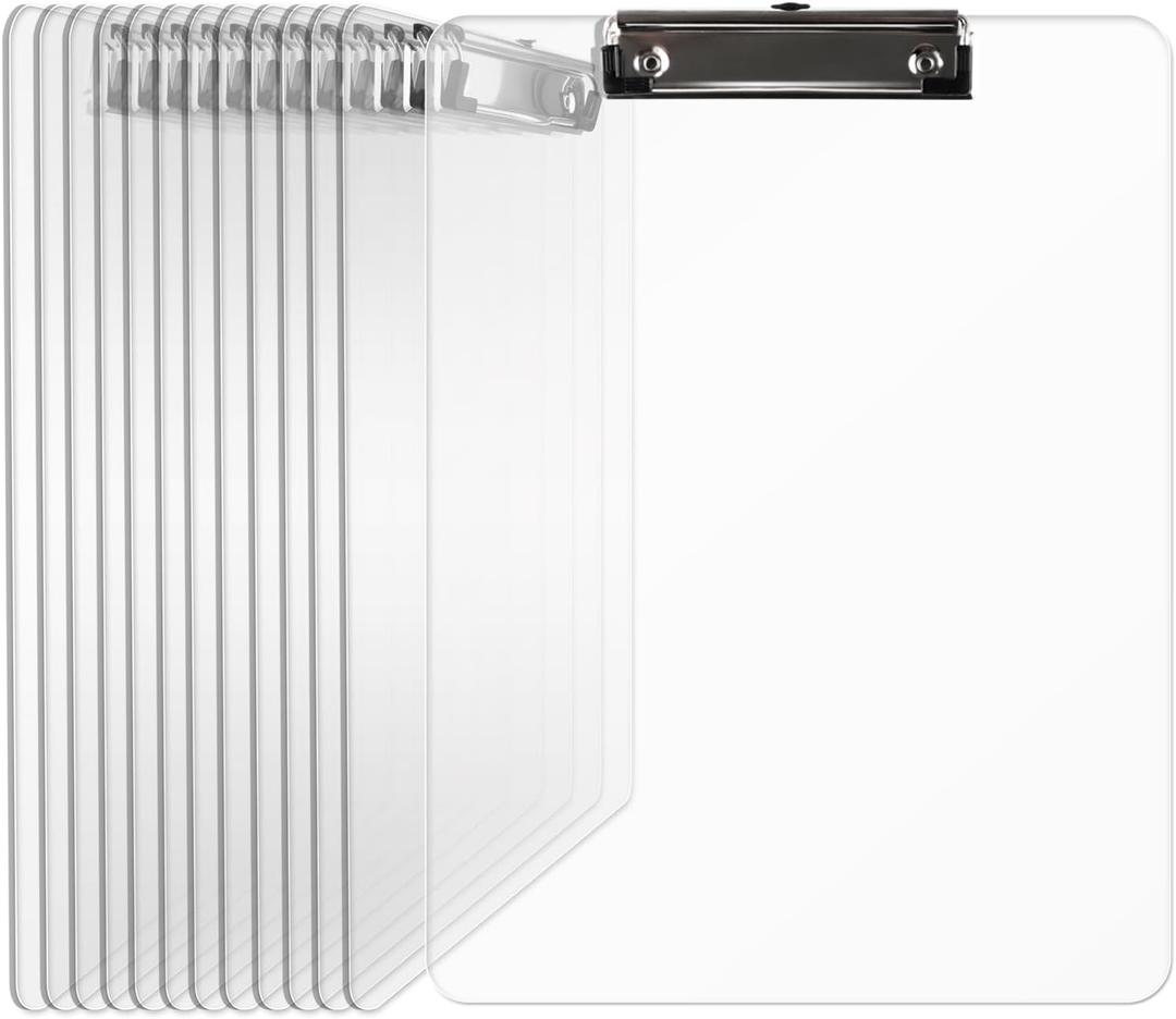 Plastic Clipboards Set of 12, A4 Acrylic Clear Board 8.5x11 for Classroom, Students, Transparent Letter Size 9" x 12.5" with Low Profile Clip, Office & School Supply