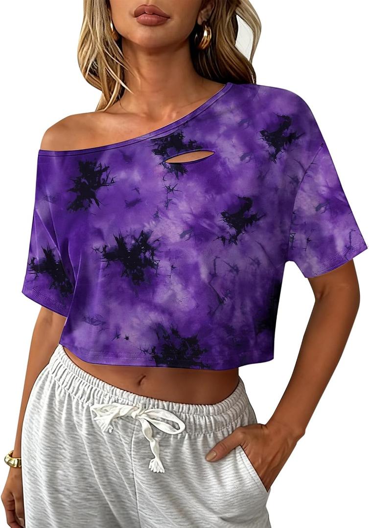 Avanova Women Off The Shoulder Crop Tops Distressed Ripped Short Sleeve Cropped Tee T-Shirt  (Purple, XL)