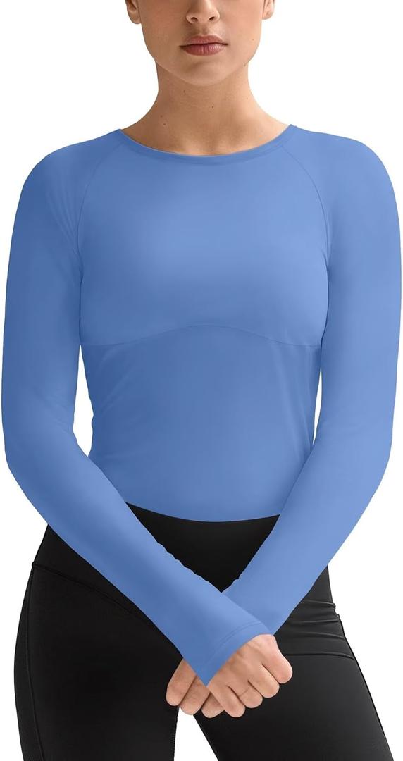 Zengjo Women's Long Sleeve Workout Tops Slim Fitted Moisture Wicking Running Gym Exercise Shirt,Nylon Spandex Athletic Tees, Large, Blue 