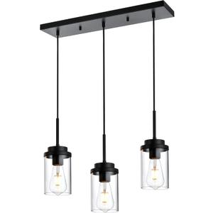 MELUCEE 3 Lights Linear Chandelier Black Finish Kitchen Pendant Lighting Over Island Dining Room Light Fixtures Ceiling Hanging Lamp with Clear Glass Shade, 20.5 Inches Length