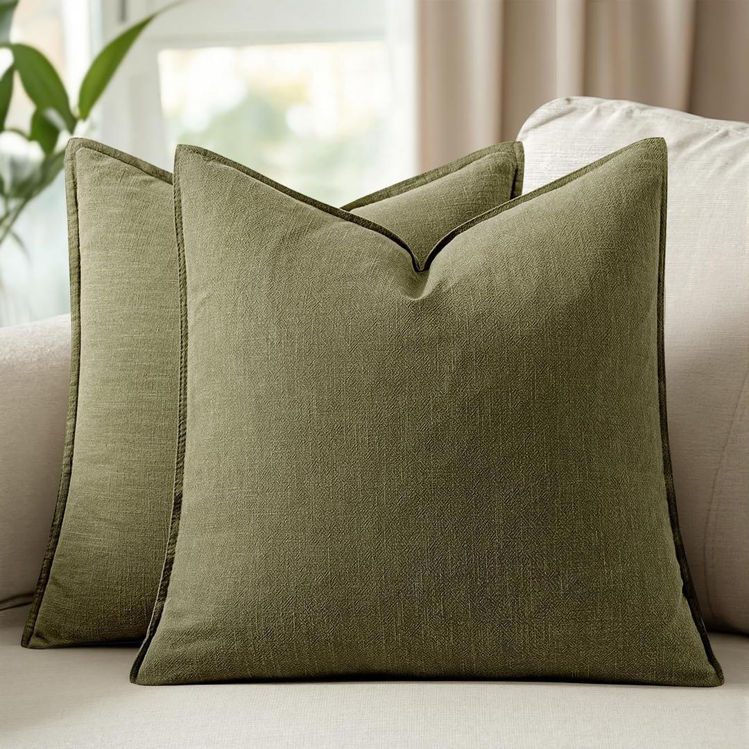 20x20 Inch Set of 2 Decorative Linen Solid Throw Pillow Covers Boho Accent Farmhouse Pillowcases Modern Netural Spring Home Decor for Couch Sofa Living Room Bed,Olive Green