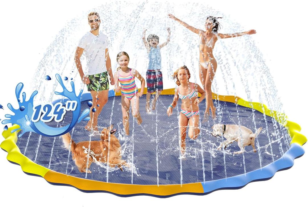 Instraella Splash Pad for Kids and Dogs, 124in Non-Slip Sprinkler Mat 0.5mm Thickened Durable and Foldable Large Pool Summer Fun Outdoor Toys for Dogs and Toddlers Age