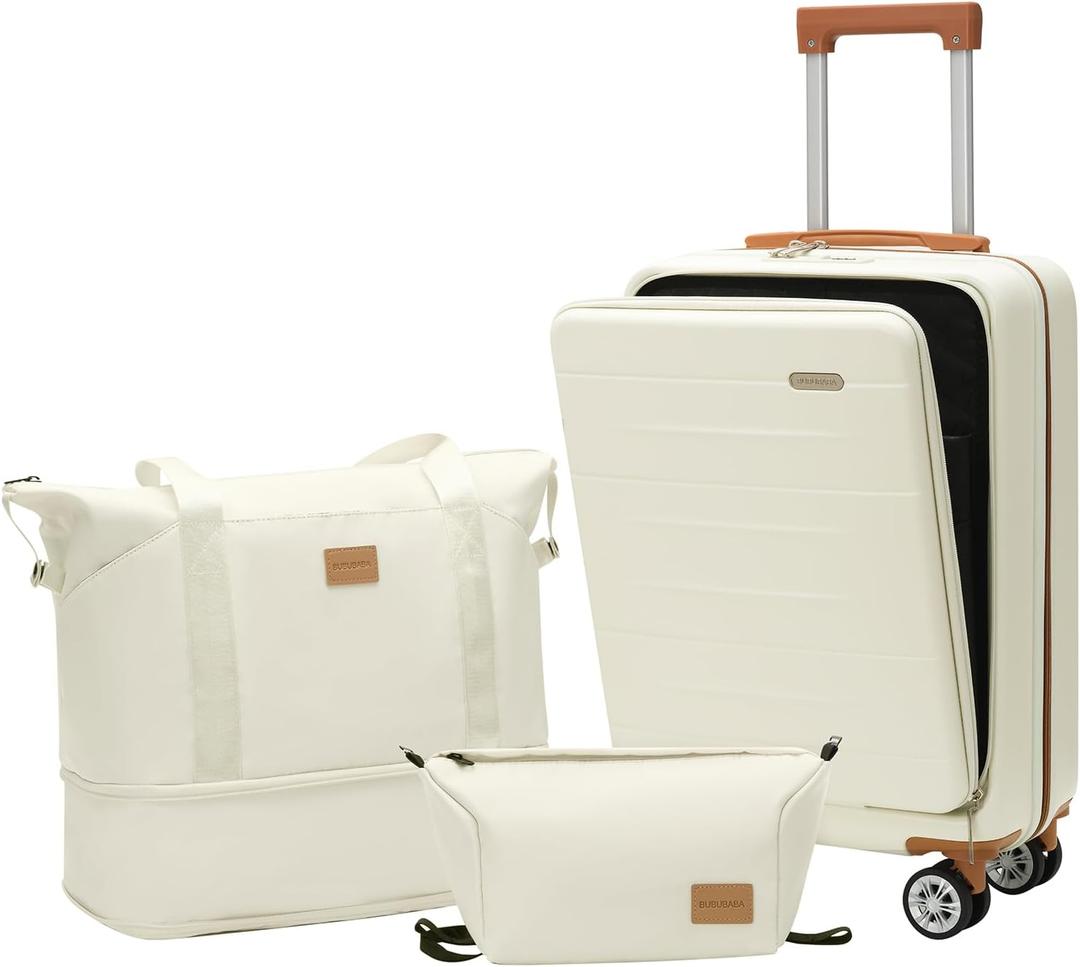 Carry On Luggage Set 3 Piece Hard Shell Suitcases Front Opening with TSA Lock Spinner Wheels (White, 3 piece set)