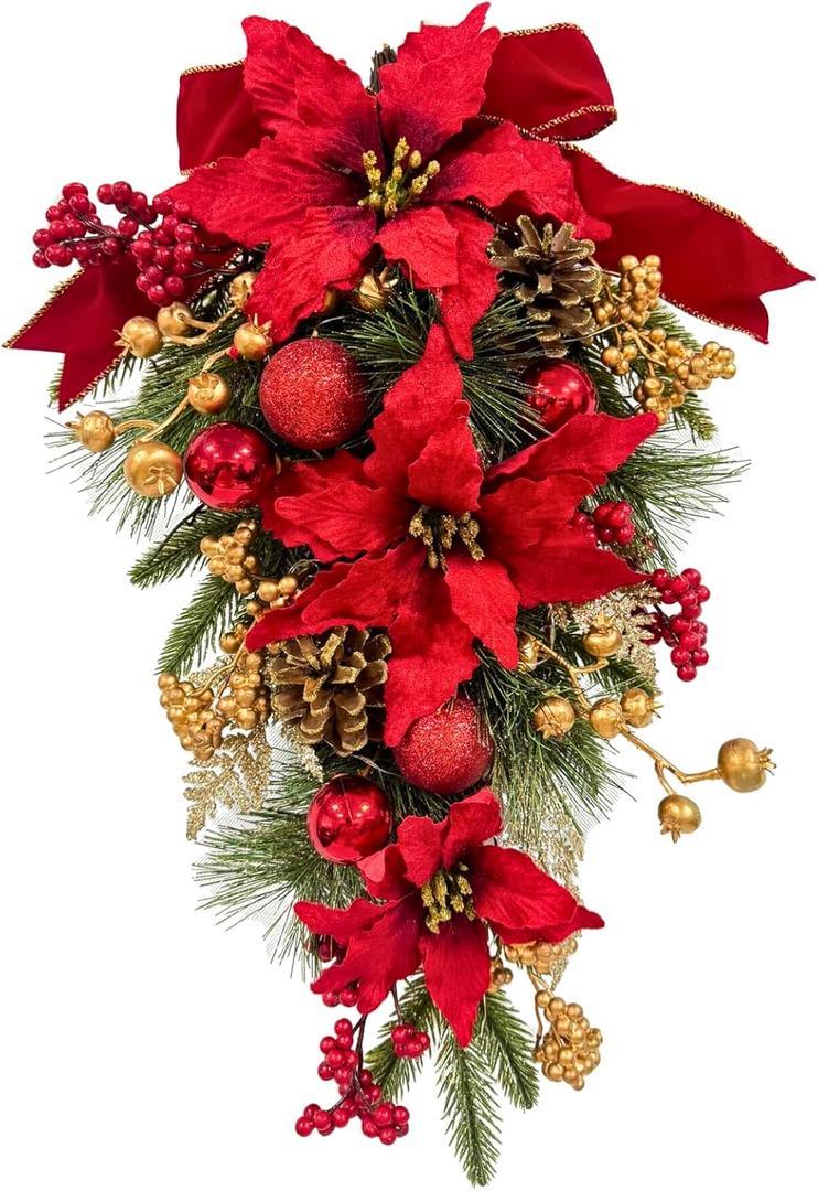Svndlyn Christmas Swag Pre-Lit Artificial Christmas Teardrop with Red Poinsettia Flower Golden Pine Cones Berries and Ball Ornaments Holiday Winter Decorations for Door Wall Mantel