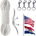 Flag Rope and Clips Kit - 50ft Flag Pole Rope Halyard with Cleat Hook & 4 Pcs Swivel Snap Clips for Flagpoles Up to 25ft, Outdoor Porch Flagpoles Repair Replacement Parts Accessories (White)