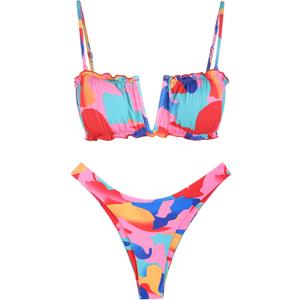 ZAFUL Women's Strapless Ribbed V Wired Lace Up Ruffle Tie High Cut Bandeau Swimsuits Bikini Set (Medium, 2-light Pink)
