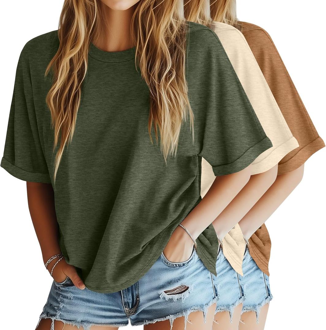 Riyiper 3 Pack Women's Oversized T-Shirt Half Sleeve Summer Tees Casual Loose Fit Crew Neck Basic Tops Medium