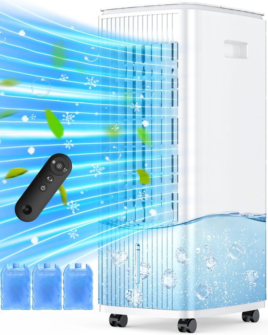 Evaporative Air Cooler, 25 Inch Swamp Cooler Air Conditioner w/Double Tanks, 7H Timer, 16ft Remote, 3 Ice Packs, 70 Oscillation, 3 Speeds & 2 Modes, 60W Portable Windowless Air Conditioner