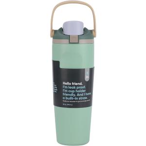 New portable straw double-layer vacuum handle fruit cup, portable outdoor car cup (Light green)